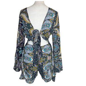 AELSON Women's Boho V Neck Paisley Print Flare Sleeves Romper Concert Sz XL